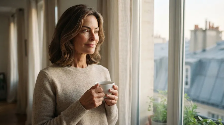 Marie à la fenêtre, une tasse de thé à la main